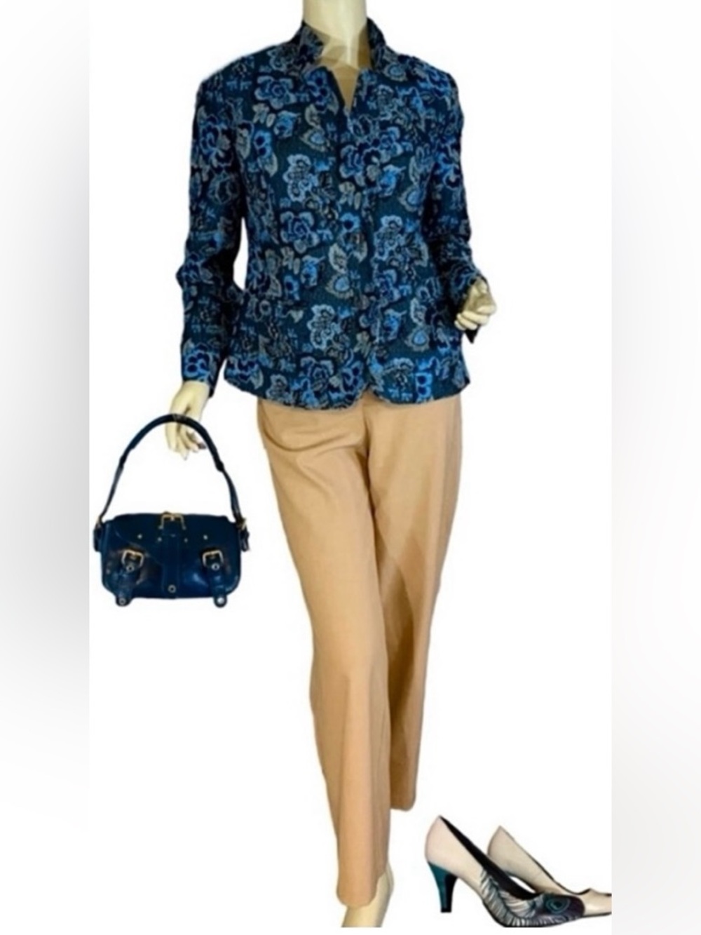 JONI B BLUE FLORAL PRINT JACQUARD BUTTON FRONT BLAZER (S)